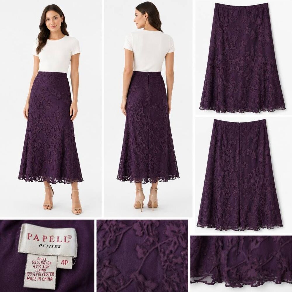 Papell Petites 4P Purple Silk Blend Burnout Maxi Skirt